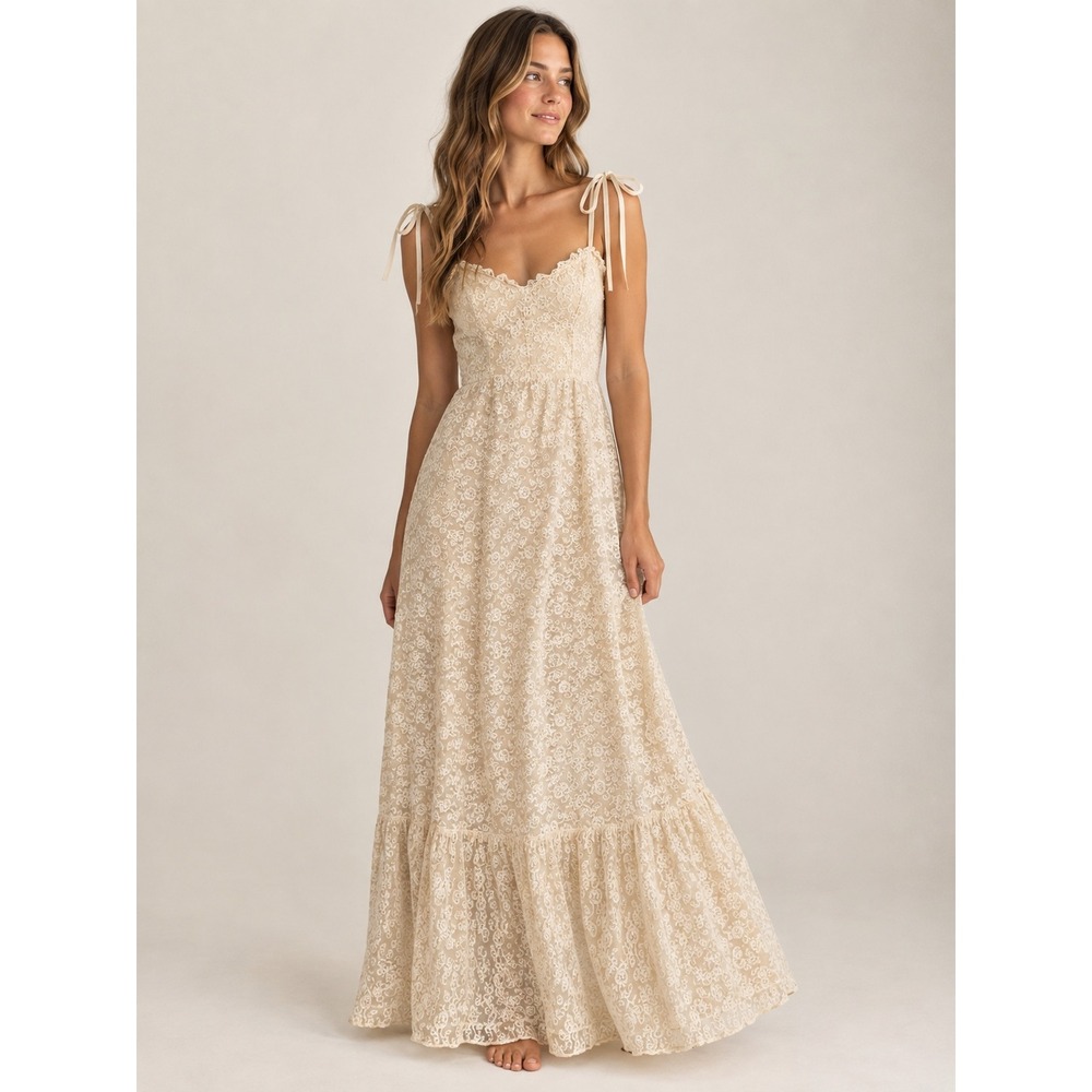 Vintage 1970s Candi Jones California Lace Maxi Dress Cream Tie Strap Small